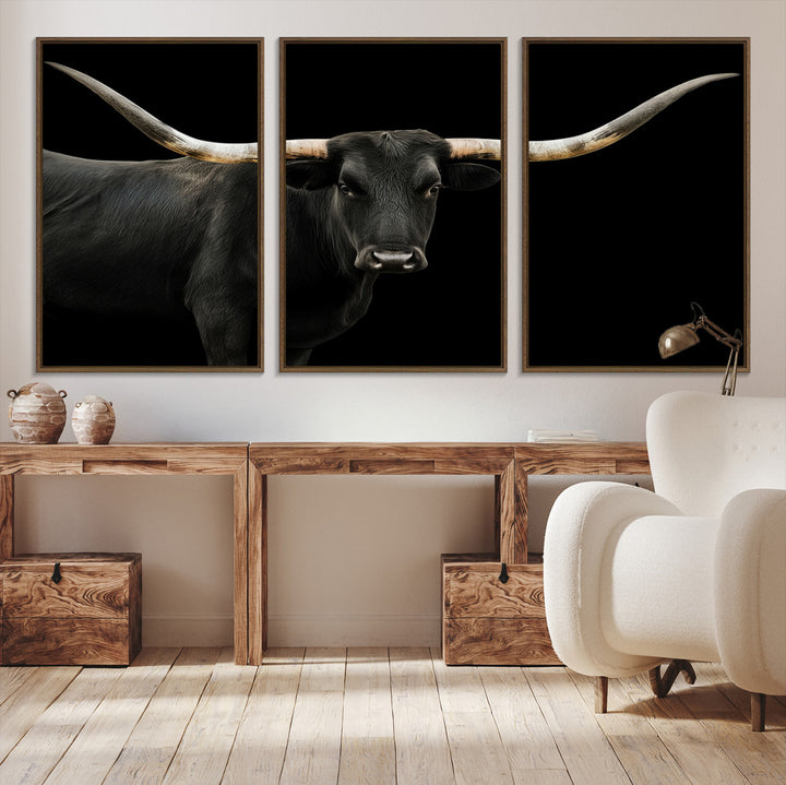 Black White Longhorn Bull Wall Art Canvas Print, Texas Ranch Print, Framed Western Cow Art Print for Farmhouse Decor - Longhorn Print