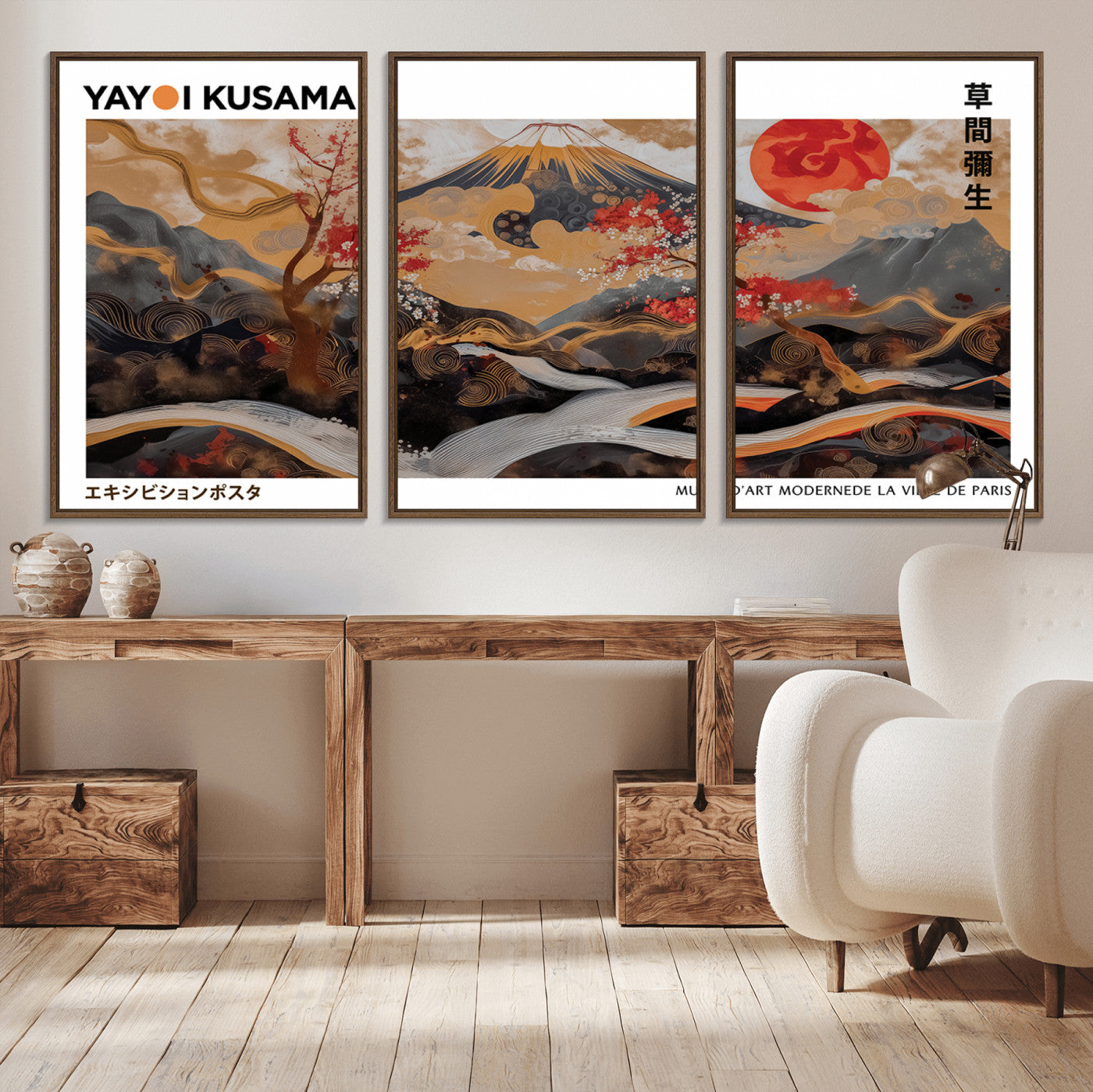 40959107-MGV-CV-36X24-Modern Japanese Wall Art Canvas Print – Framed Abstract Mount Fuji Scene Inspired Yayoi Kusama for Home, Office