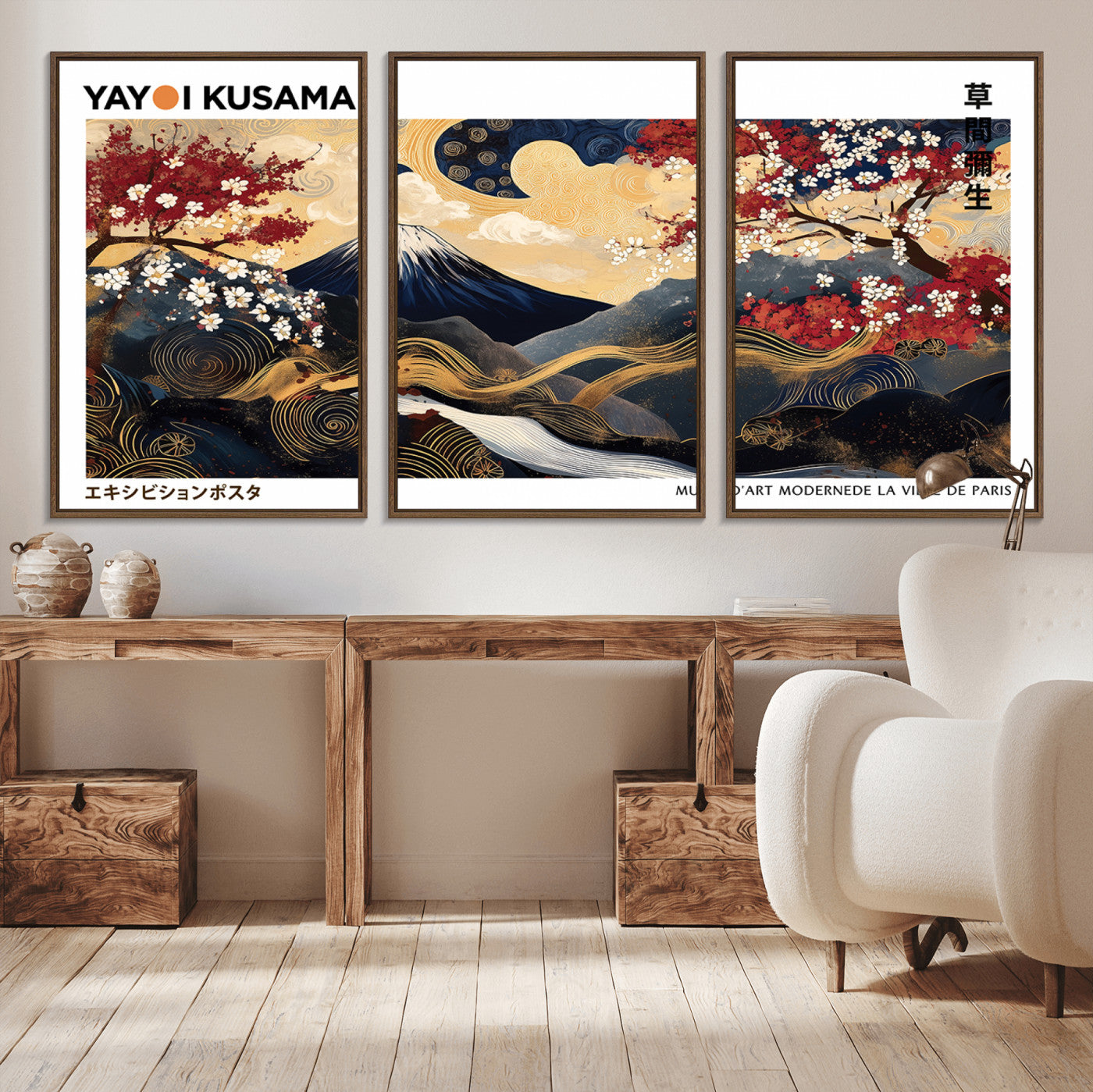 66243961-MGV-CV-36X24-Modern Mount Fuji Wall Art Canvas Print – Framed Abstract Mount Fuji Scene with Yayoi Kusama Artwork for Home, Office