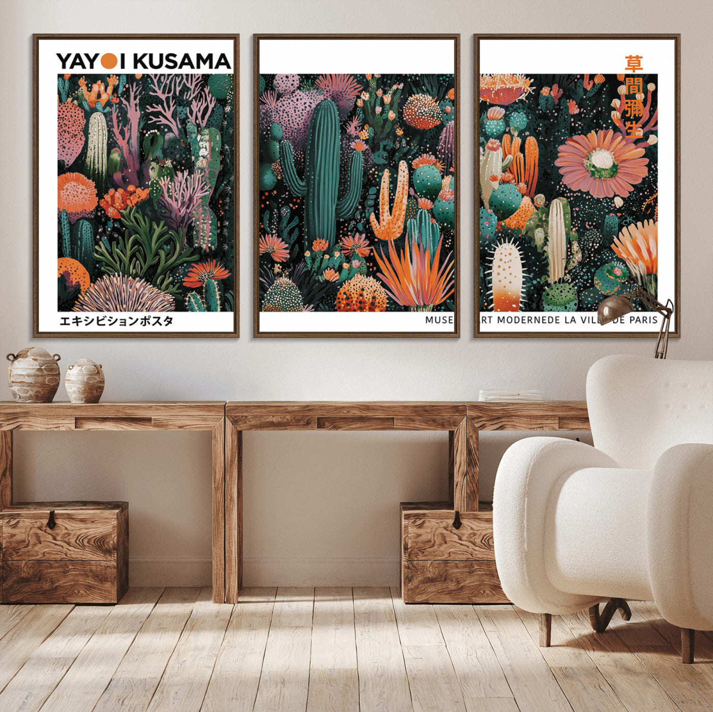 MGV-FC-60X30-3P - Modern Japanese Wall Art Print, Yayoi Kusama Print Wall Decor, Abstract Mount Fuji Canvas Print,