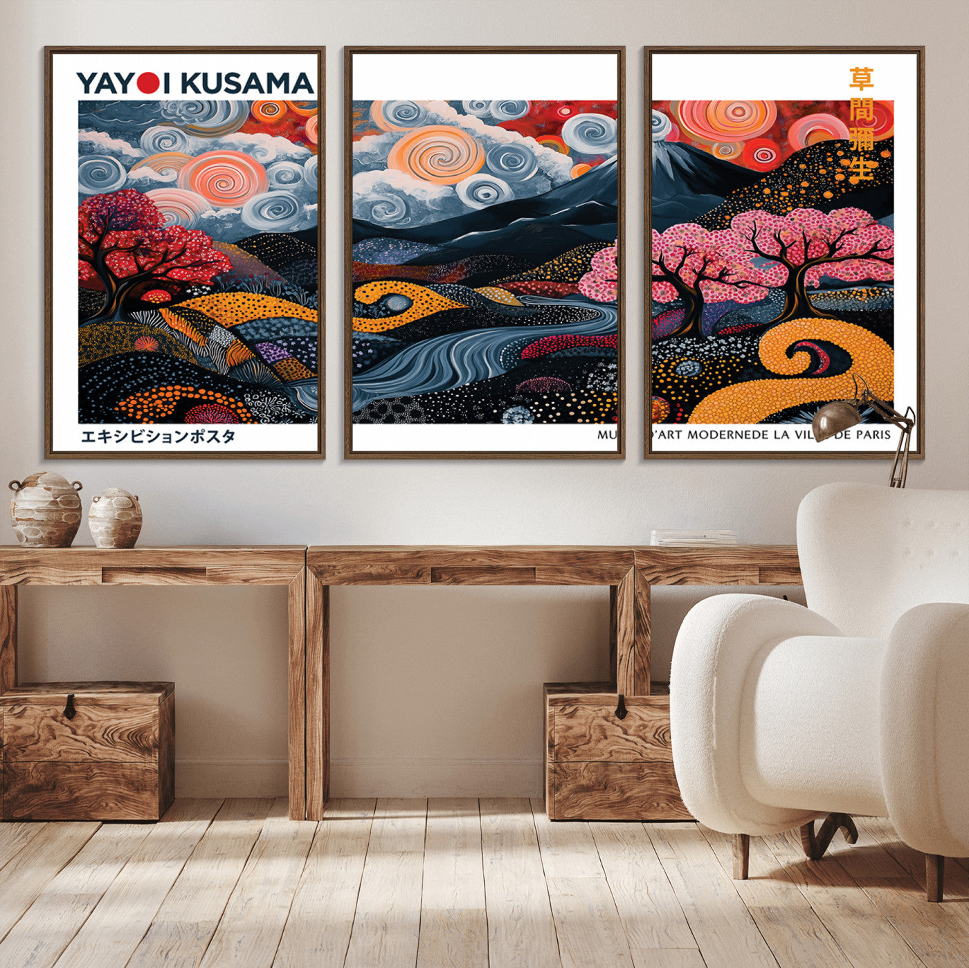 43879290-MGV-CV-36X24-Modern Japanese Wall Art Canvas Print – Framed Abstract Mount Fuji Scene with Yayoi Kusama Artwork for Home, Office