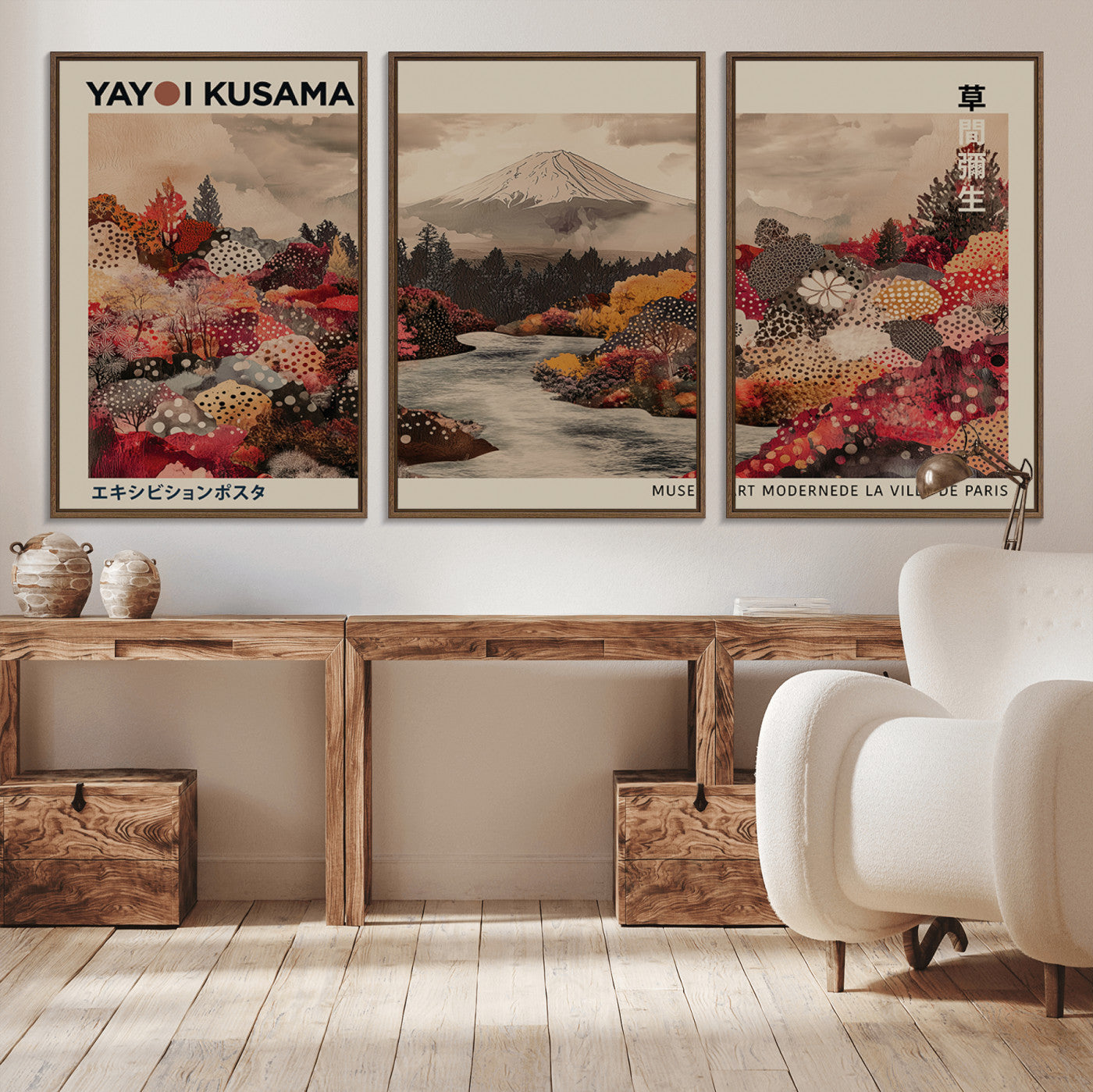 90660838-MGV-CV-36X24-Modern Japanese Wall Art Canvas Print – Framed Abstract Mount Fuji Scene with Yayoi Kusama Artwork for Home, Office