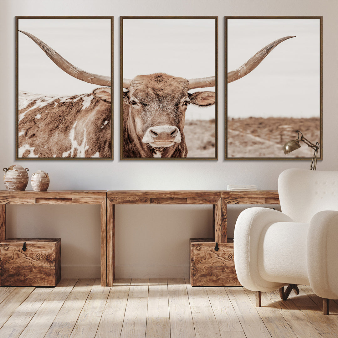 Longhorn Bull Photo Wall Art Canvas Print, Framed Rustic Cow Art Picture Print, Neutral Farmhouse Perfect Rustic Neutral Farmhouse Decor