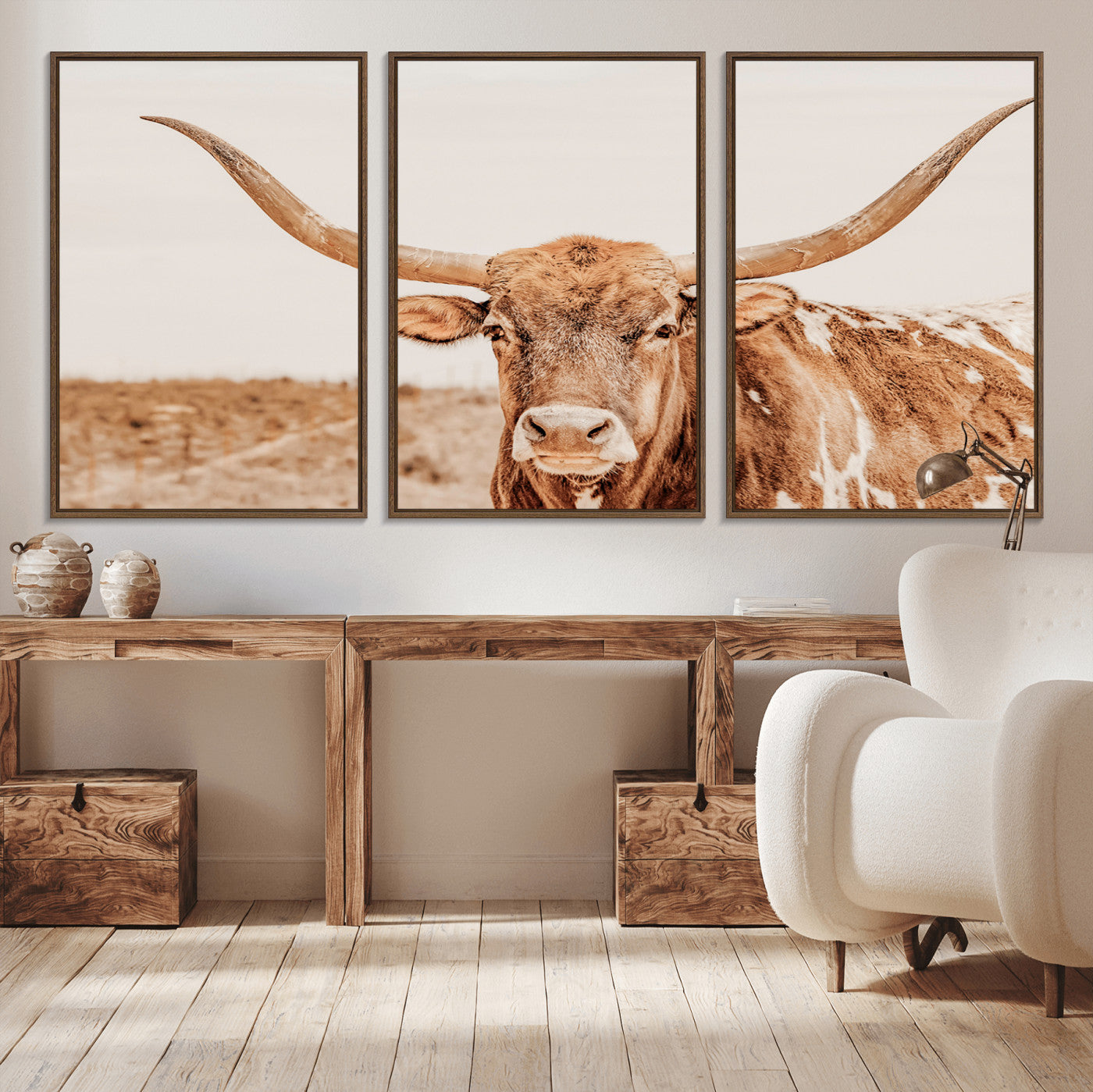 MGV-FC-60X30-3P - Longhorn Bull Wall Art Canvas Print, Framed Western Cow Art Picture Print, Rustic Farmhouse Perfect Neutral Farmhouse Decor Artwork