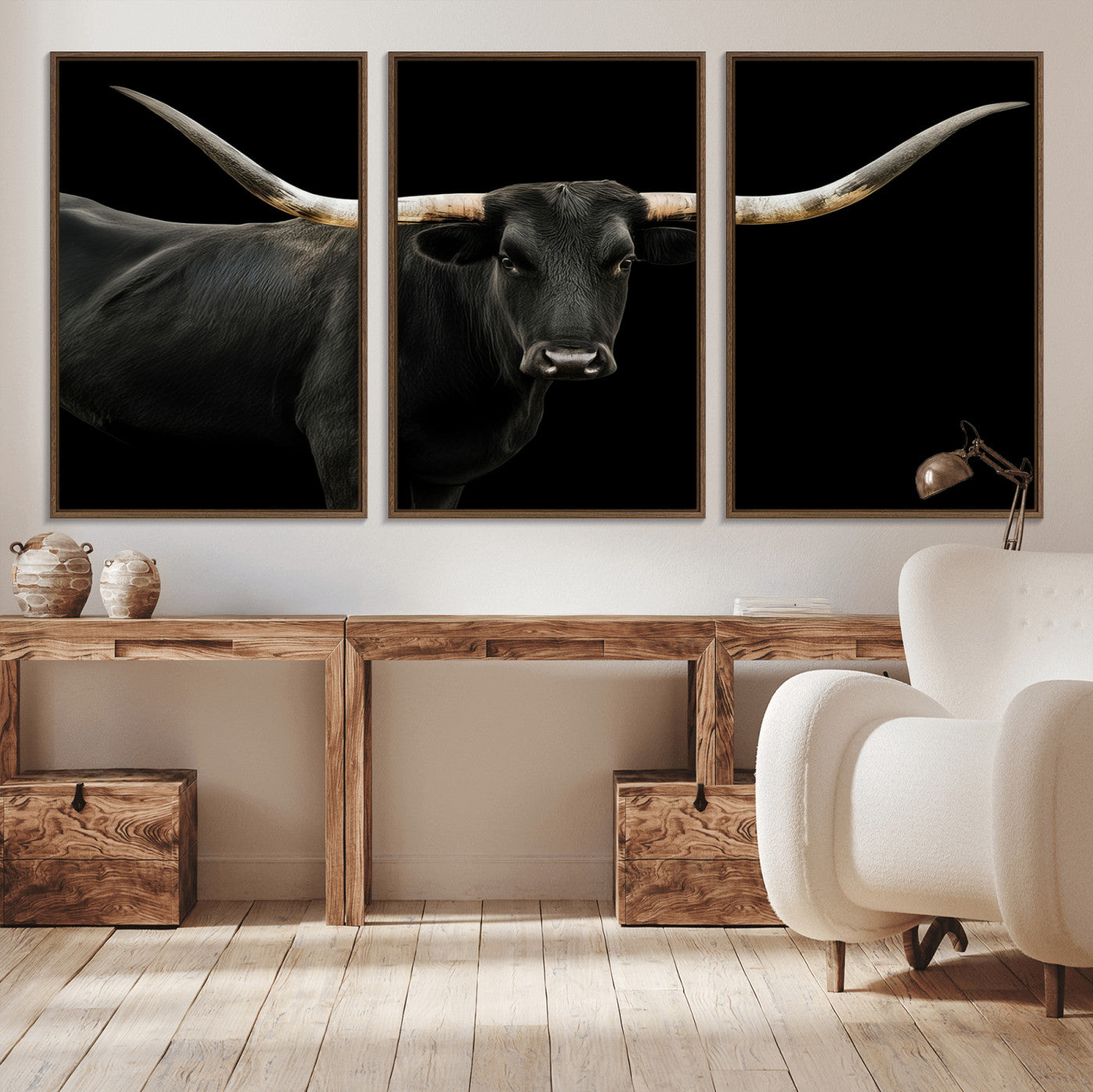MGV-FC-60X30-3P - Texas Longhorn Wall Art Canvas Print, Framed Rustic Western Art Picture Print, Farmhouse Animal Perfect Modern Western Minimalist Decor Artwork