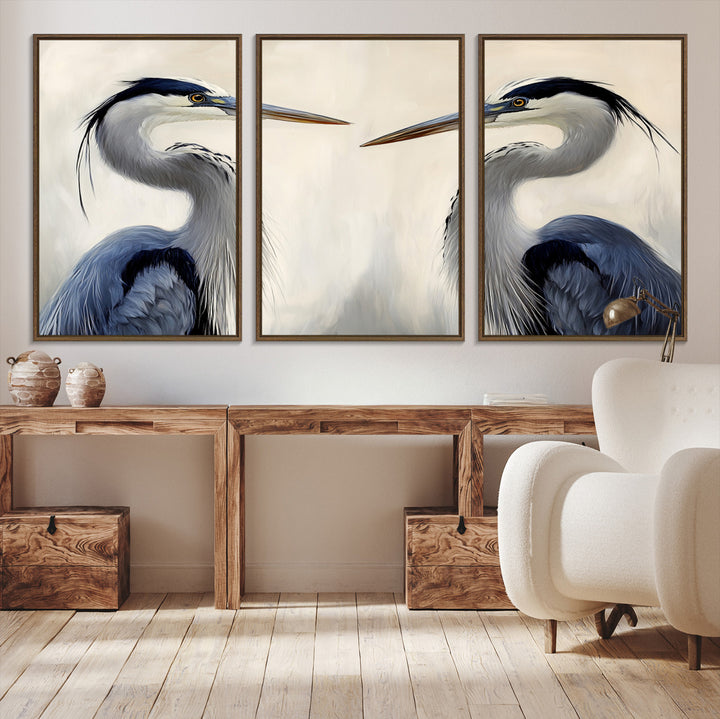 Blue Heron Pair Wall Art Canvas Print, Coastal Bird Theme Print, Framed Tranquil Wildlife Scene Art Print, Large Nature Inspired Decor Printing