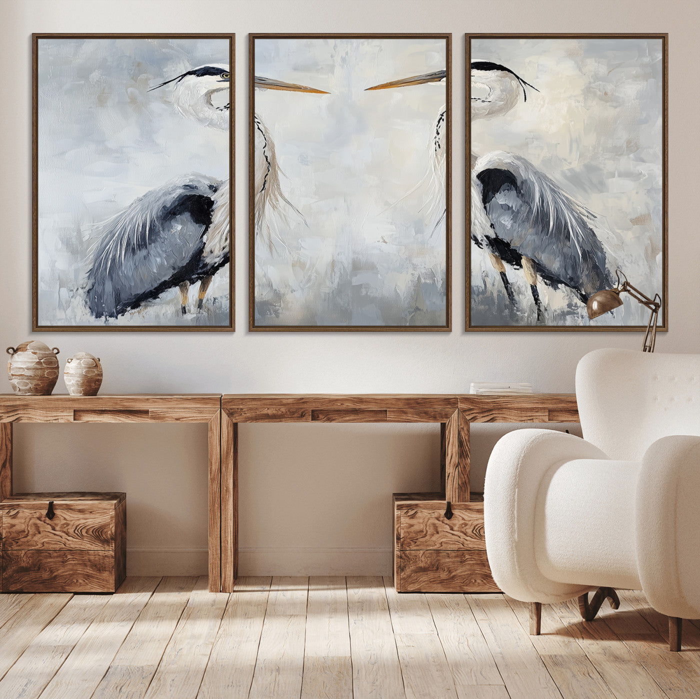 MGV-FC-60X30-3P - Heron Wall Art Wall Art Canvas Print, Framed Bird Canvas Decor Art Picture Print, Nature Inspired Perfect Coastal Minimalist Decor Artwork