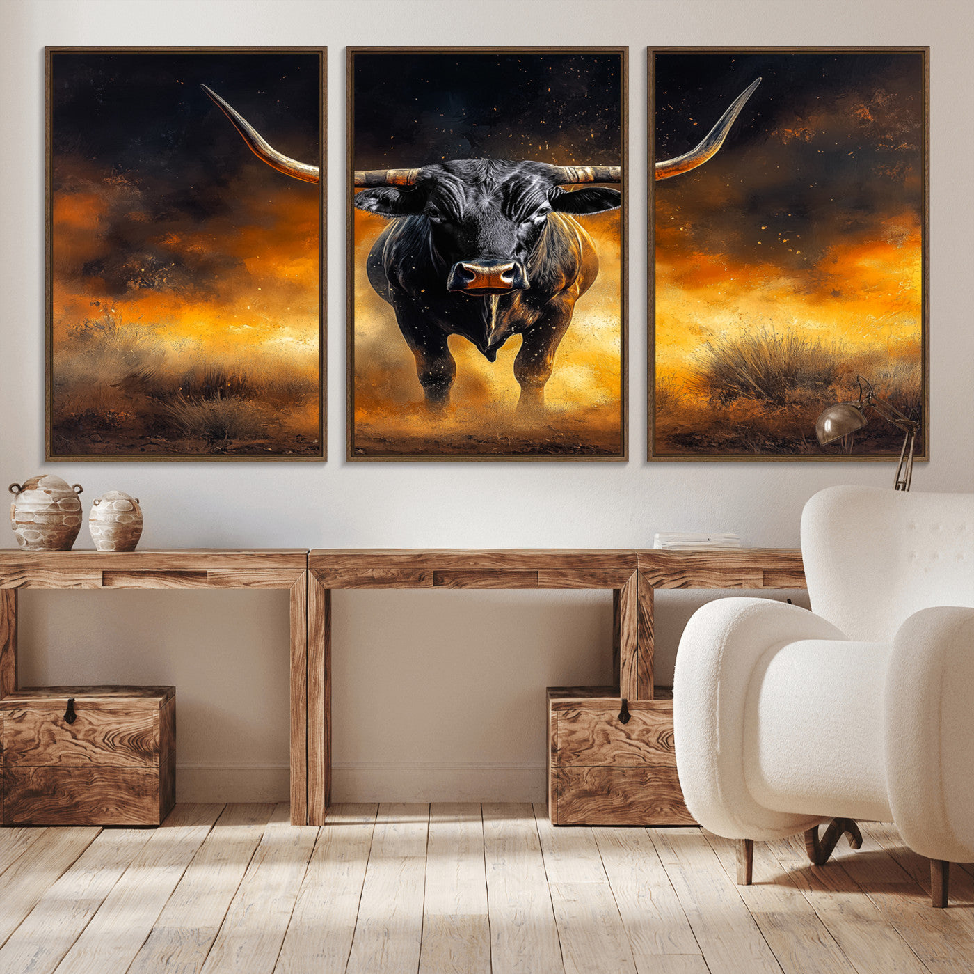 58293979-MGV-CV-36X24-Longhorn Canvas Wall Art Canvas Print – Framed Bold Bull Western Animal Dramatic Ranch Artwork for Home Office