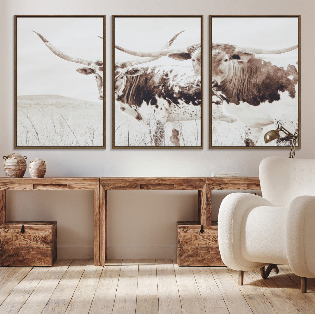 Longhorn Wall Art Wall Art Canvas Print, Western Cow Canvas Print, Framed Rustic Farm Decor Art Print, Large Neutral Animal Scene Printing
