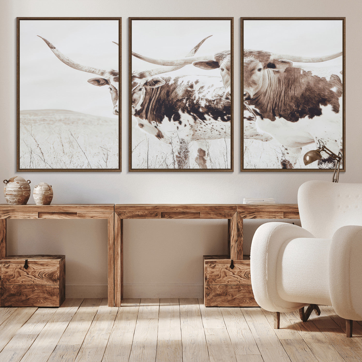MGV-FC-60X30-3P - Longhorn Wall Art Wall Art Canvas Print, Framed Western Cow Canvas Art Picture Print, Rustic Farm Decor Perfect Rustic Farmhouse Decor Artwork
