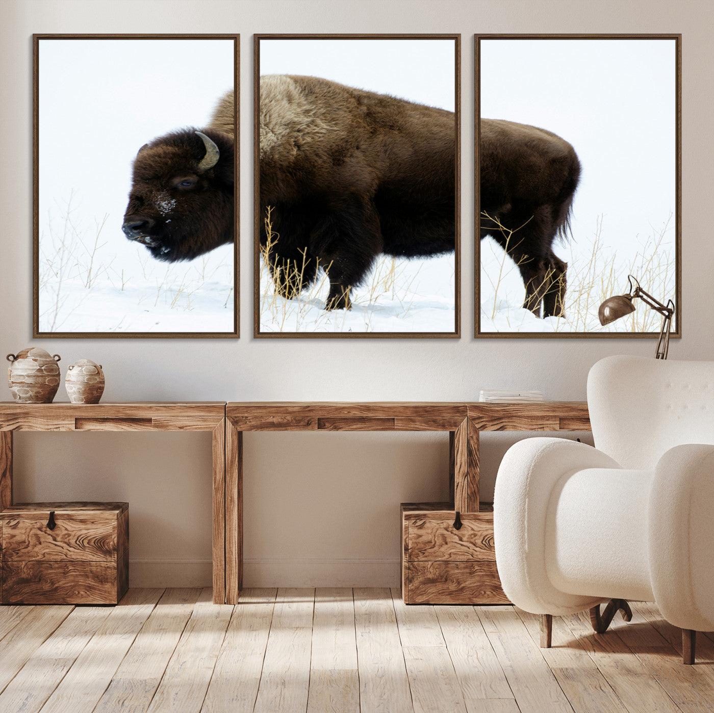 MGV-FC-60X30-3P - Bison Photography Wall Art Canvas Print, Framed Western Wildlife Art Picture Print, Buffalo On Snow Perfect Western Decor Artwork