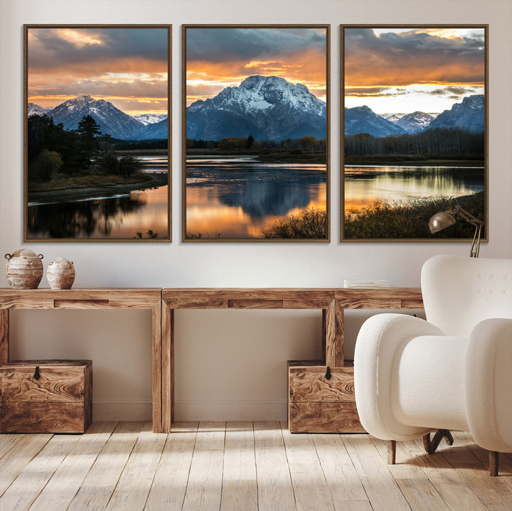 Mountain Sunset Wall Art Canvas Print, Framed Alpine Wilderness Art Picture Print, Golden Hour Perfect Wilderness Decor Artwork