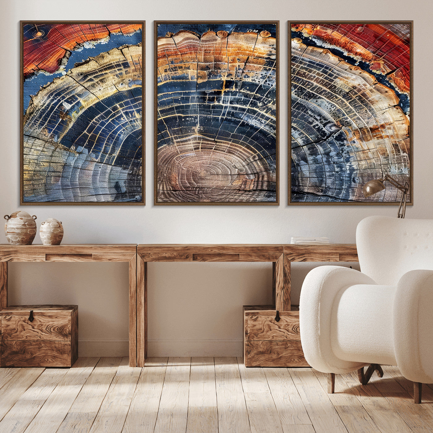 60292921-MGV-FC-60X30-3P - Vintage Tree Rings Wall Art Canvas Print – Framed Wood Art Picture Petrified Wood Artwork for Home, Office, Living Room