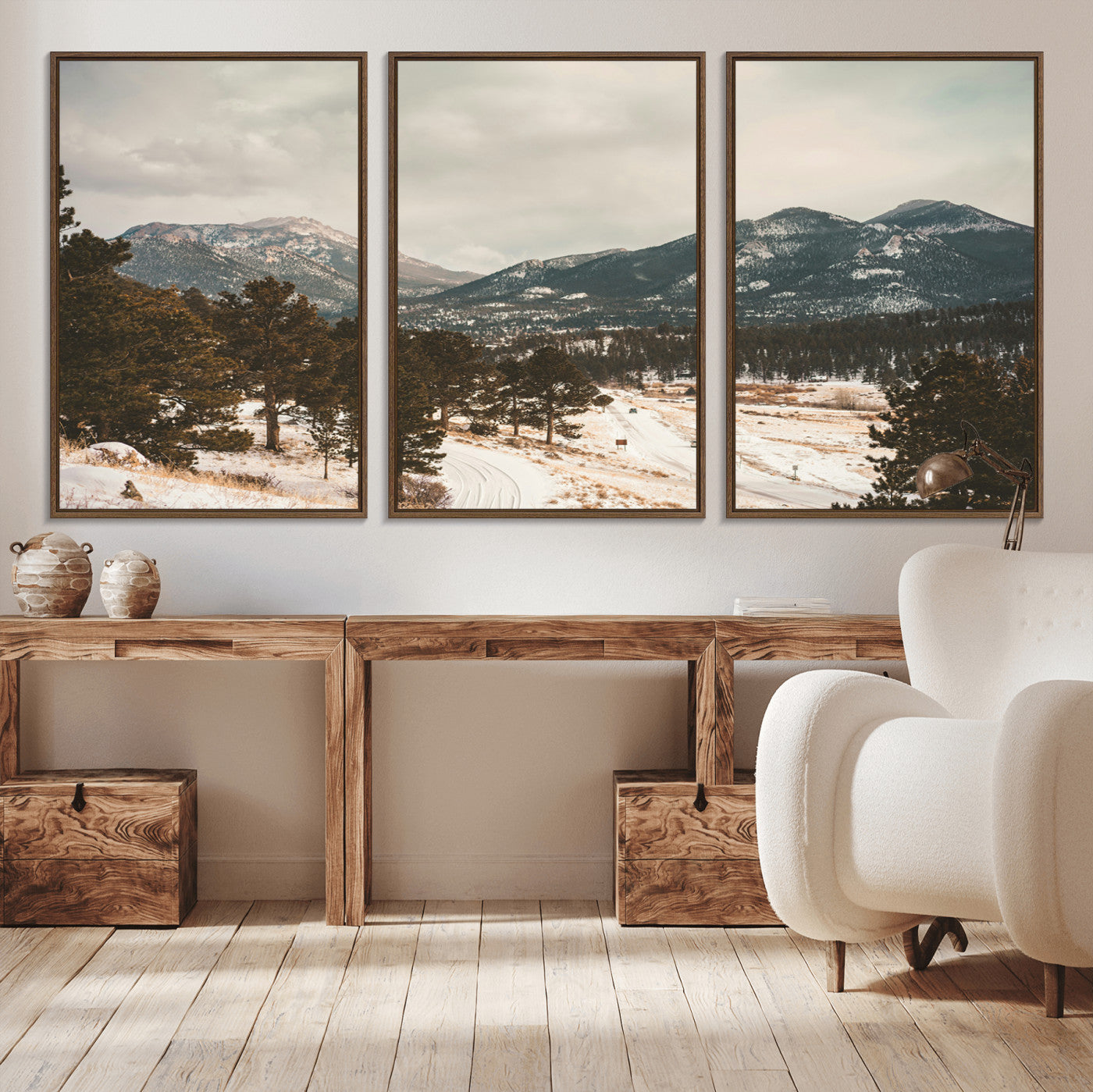 77311749-MGV-FC-60X30-3P_Walnut-Mountain Landscape Wall Art Canvas Print – Framed Snowy Peaks Alpine Aesthetic Rustic Winter Scene Artwork for Home Office