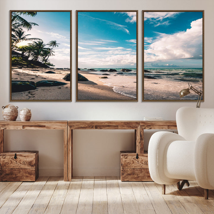 Tropical Beach Wall Art Canvas Print, Framed Ocean Waves Art Picture Print, Relaxing Seascape Perfect Tropical Coastal Decor Artwork