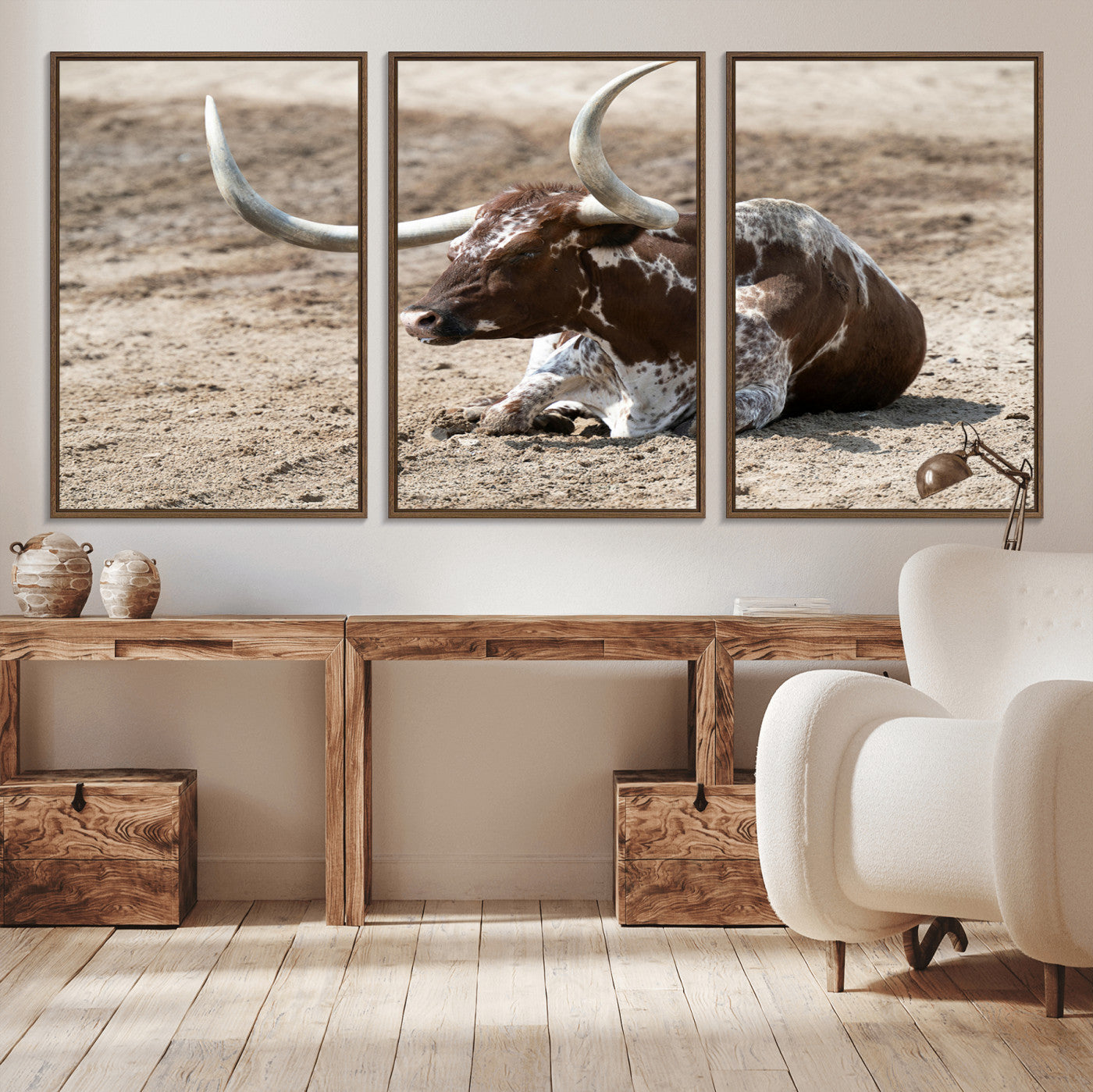 76549210-MGV-CV-36X24-Texas Longhorn Wall Art Canvas Print – Framed Country Living Farmhouse Rustic Cattle Scene Artwork for Home Office