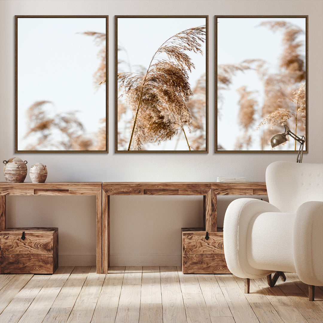 Pampas Grass Wall Art Canvas Print, Framed Neutral Tones Art Picture Print, Minimalist Nature Perfect Boho Decor Artwork