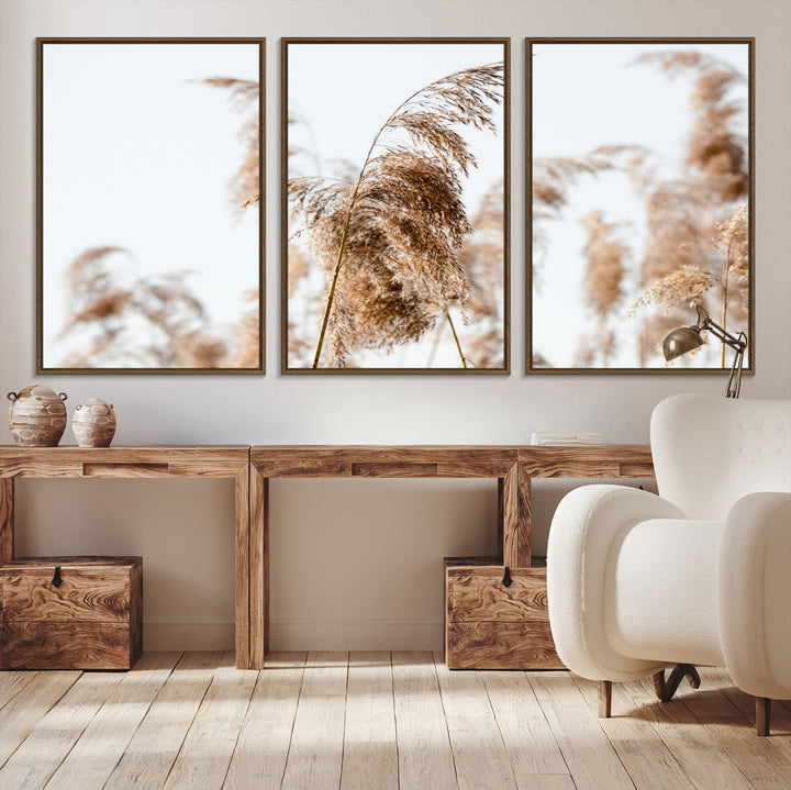 Pampas Grass Wall Art Canvas Print, Framed Neutral Tones Art Picture Print, Minimalist Nature Perfect Boho Decor Artwork