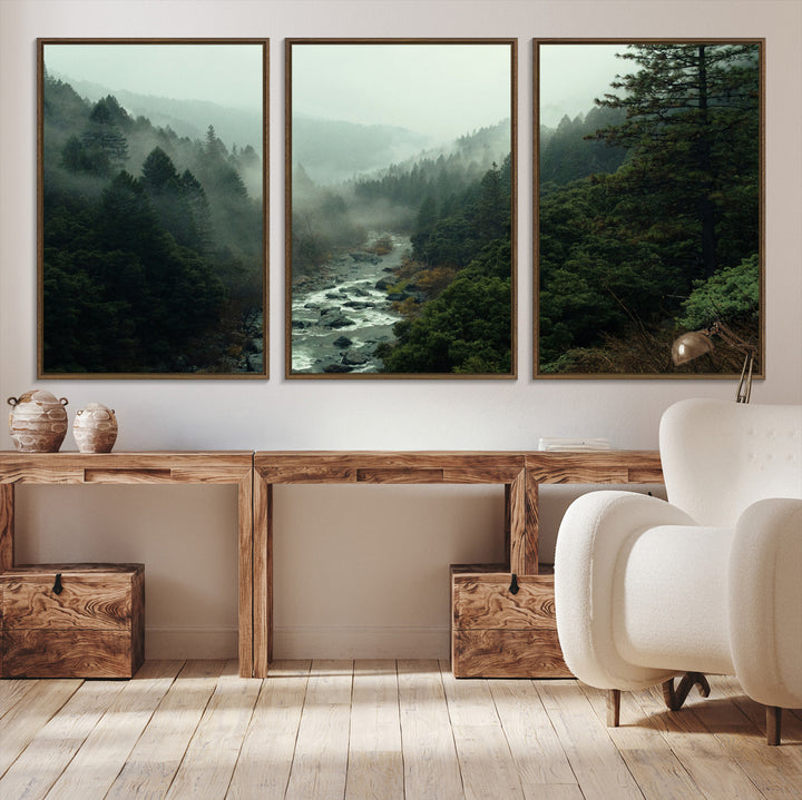 Misty Forest Wall Art Canvas Print, Framed Foggy River Art Picture Print, Moody Landscape Perfect Wilderness Decor Artwork