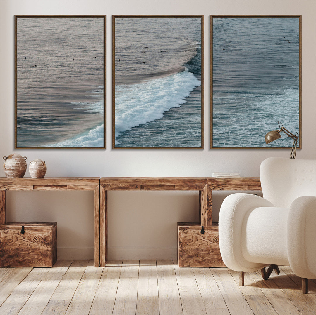 Ocean Waves Wall Art Canvas Print, Framed Coastal Serenity Art Picture Print, Surf Perfect Coastal Decor Artwork
