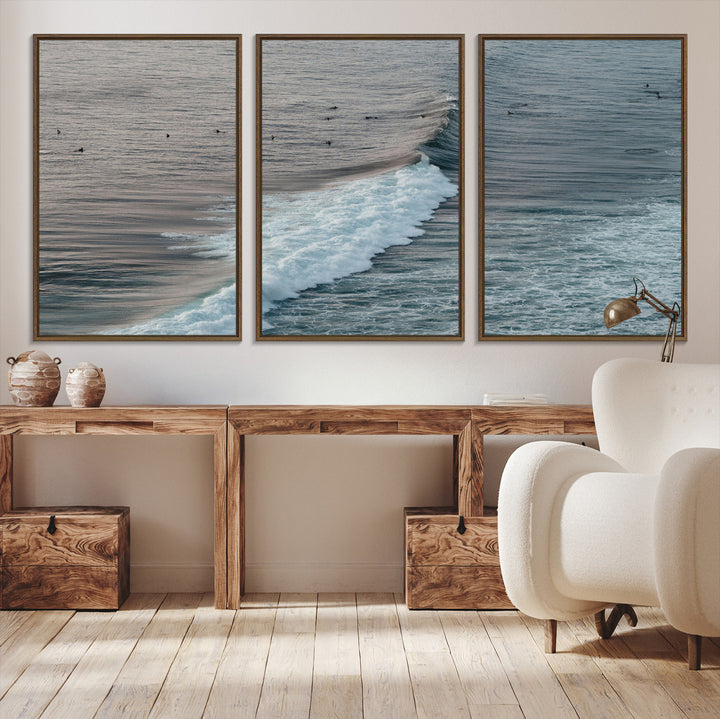 Ocean Waves Wall Art Canvas Print, Framed Coastal Serenity Art Picture Print, Surf Perfect Coastal Decor Artwork