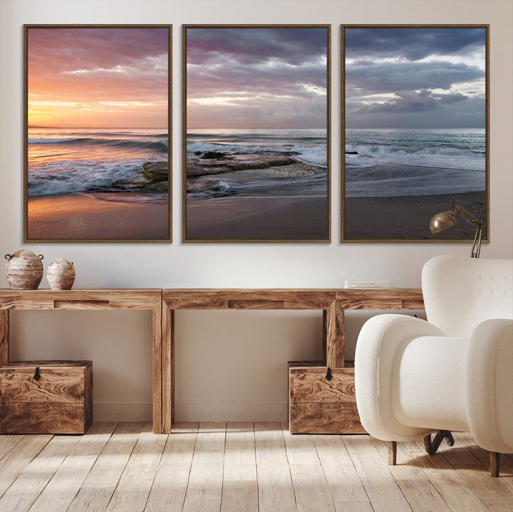 Golden Hour Wall Art Canvas Print, Framed Tranquil Waves Art Picture Print, Beach Perfect Coastal Serenity Decor Artwork