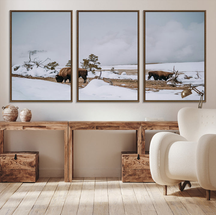Bison Wildlife Wall Art Canvas Print, Framed Snowy Prairie Art Picture Print, Western Perfect Rustic Decor Artwork