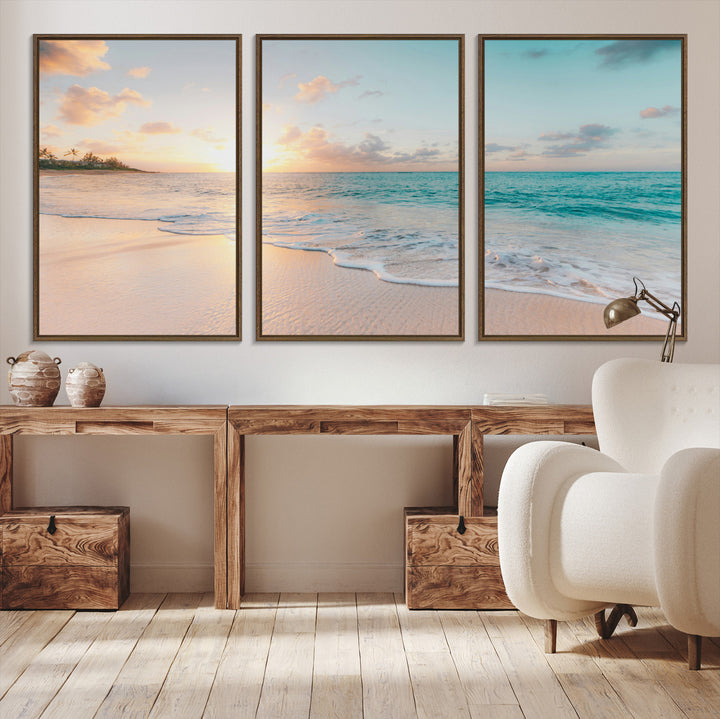 Beach Sunset Wall Art Canvas Print, Framed Ocean Waves Art Picture Print, Summer Escape Perfect Coastal Decor Artwork