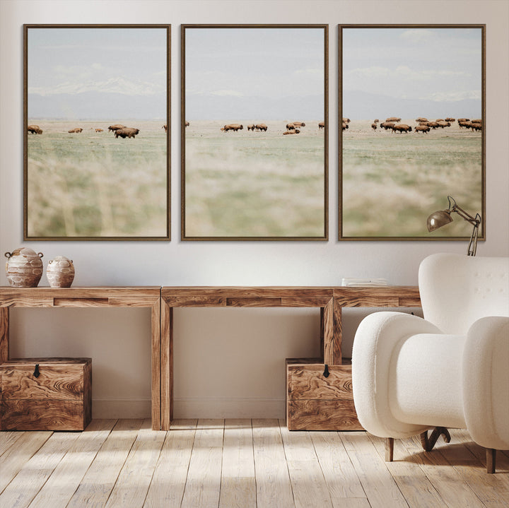 Bison Herd Wall Art Canvas Print, Framed Western Art Picture Print, Bison Perfect Ranch Decor Artwork