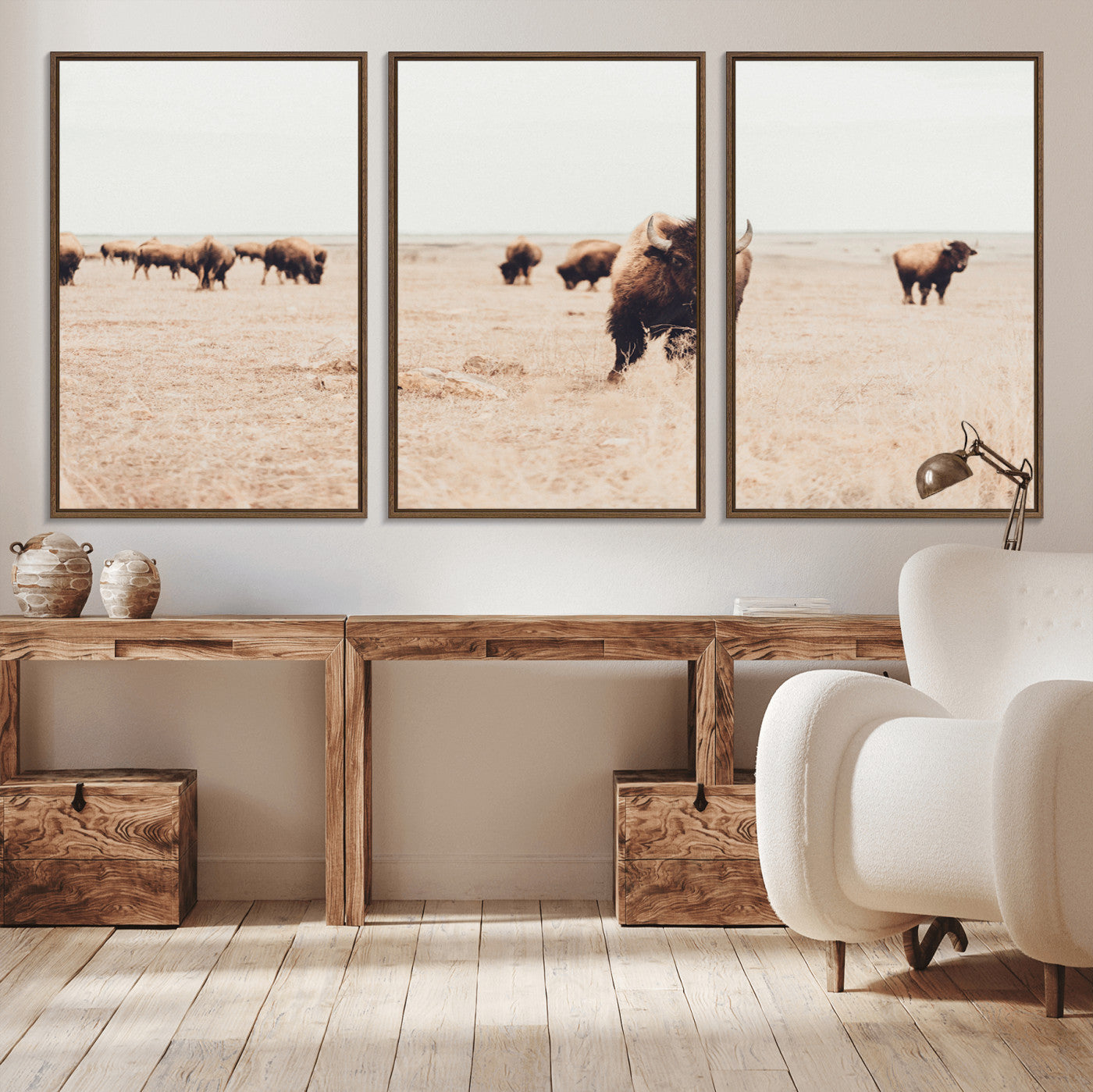 61367865-MGV-CV-36X24-Bison Herd Wall Art Canvas Print – Framed Western Prairie Serenity Ranch Nature Scene Artwork for Home Office