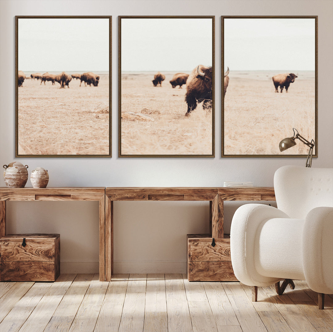 Bison Herd Wall Art Canvas Print, Framed Western Art Picture Print, Prairie Serenity Perfect Ranch Decor Artwork