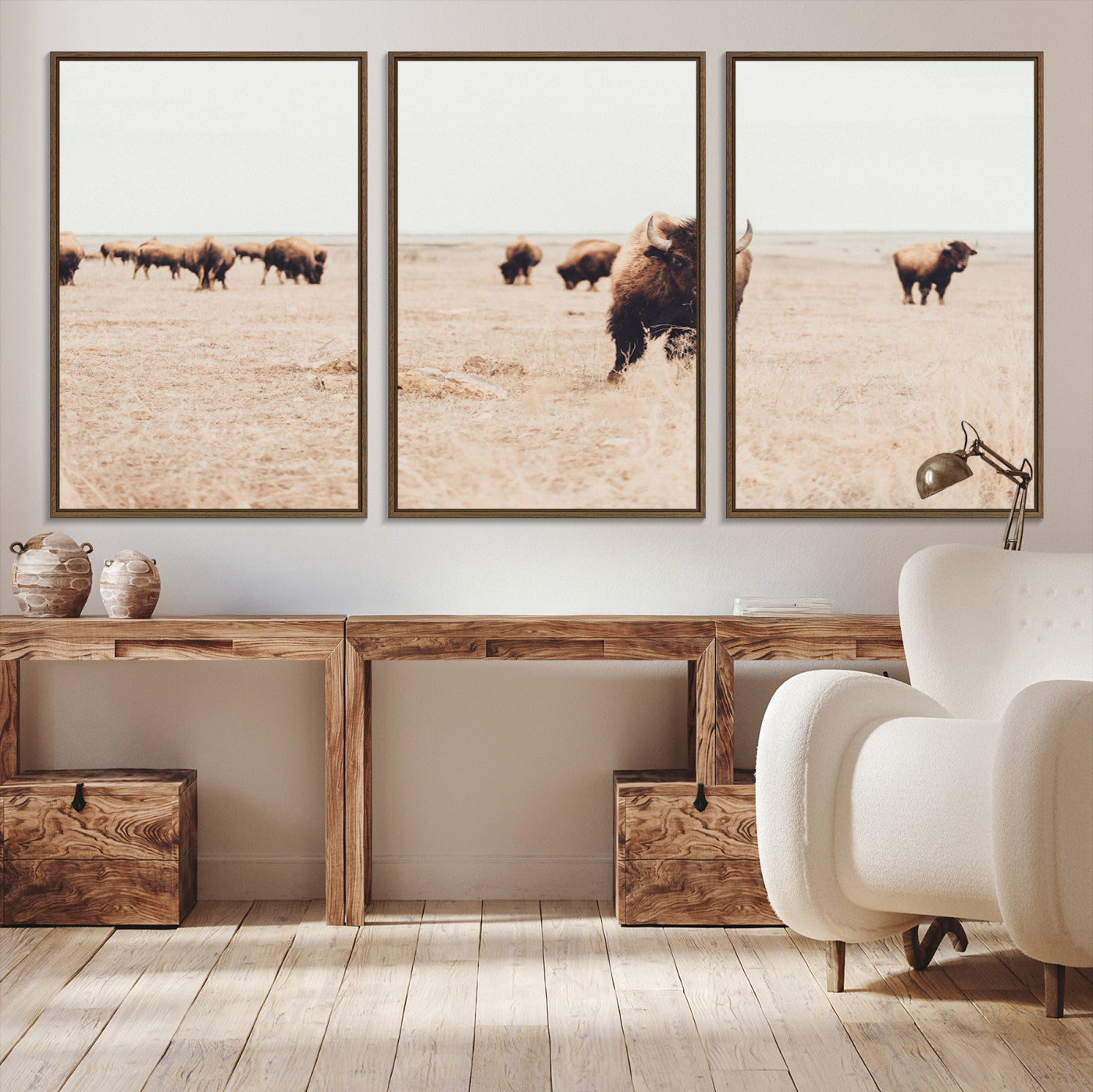 61367865-MGV-CV-36X24-Bison Herd Wall Art Canvas Print, Framed Western Art Picture Print, Prairie Serenity Perfect Ranch Decor Artwork
