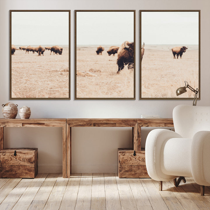 Bison Herd Wall Art Canvas Print, Framed Western Art Picture Print, Prairie Serenity Perfect Ranch Decor Artwork