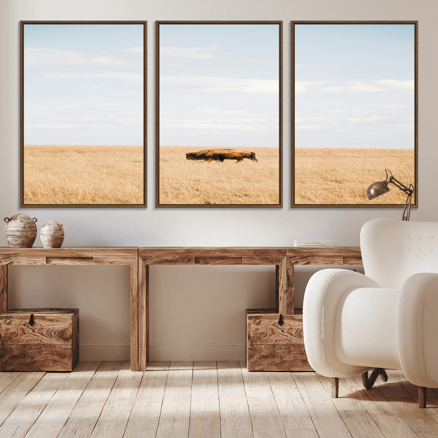 MGV-FC-60X30-3P - Minimalist Nature Wall Art Canvas Print, Framed Bison In Grassland Art Picture Print, Open Field Perfect Modern Ranch Decor Decor Artwork