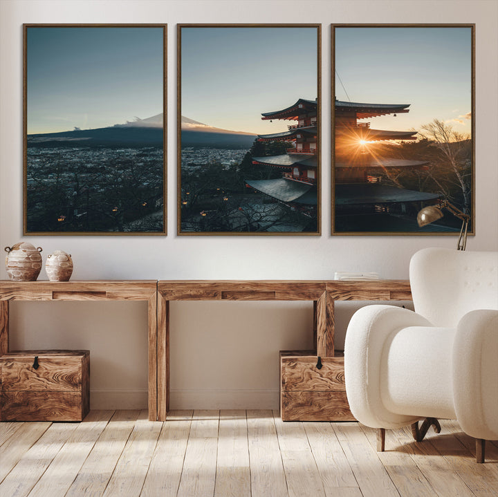 Chureito Pagoda at sunset with Mount Fuji in the background, city lights below, and golden sun rays, ideal for Japanese-inspired wall art.