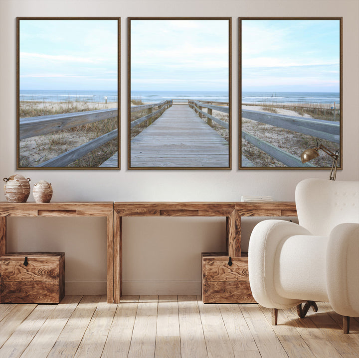 Beach Boardwalk Wall Art Canvas Print, Framed Coastal Serenity Art Picture Print, Ocean View Perfect Coastal Decor Artwork