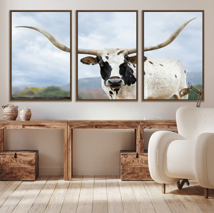 Texas Longhorn Wall Art Canvas Print, Framed Western Rustic Art Picture Print, Farmhouse Decor Perfect Farmhouse Decor Artwork