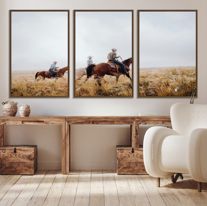Three cowboys riding horses through a foggy prairie landscape, dressed in Western attire, evoking a rustic and adventurous Wild West aesthetic.