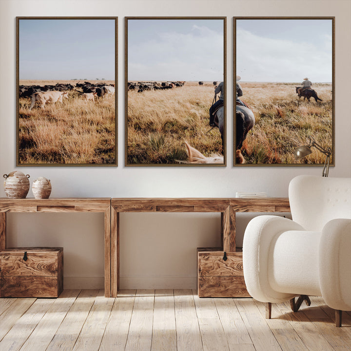 A cowboy and cowgirl on horseback herding cattle through golden grasslands, capturing a rustic and authentic Western ranch lifestyle.