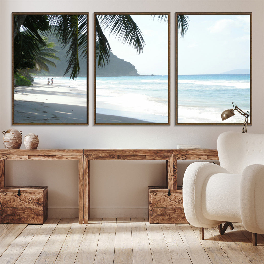 Tropical beach with palm tree shadows, white sand, and turquoise ocean waves, creating a serene and relaxing island escape atmosphere.