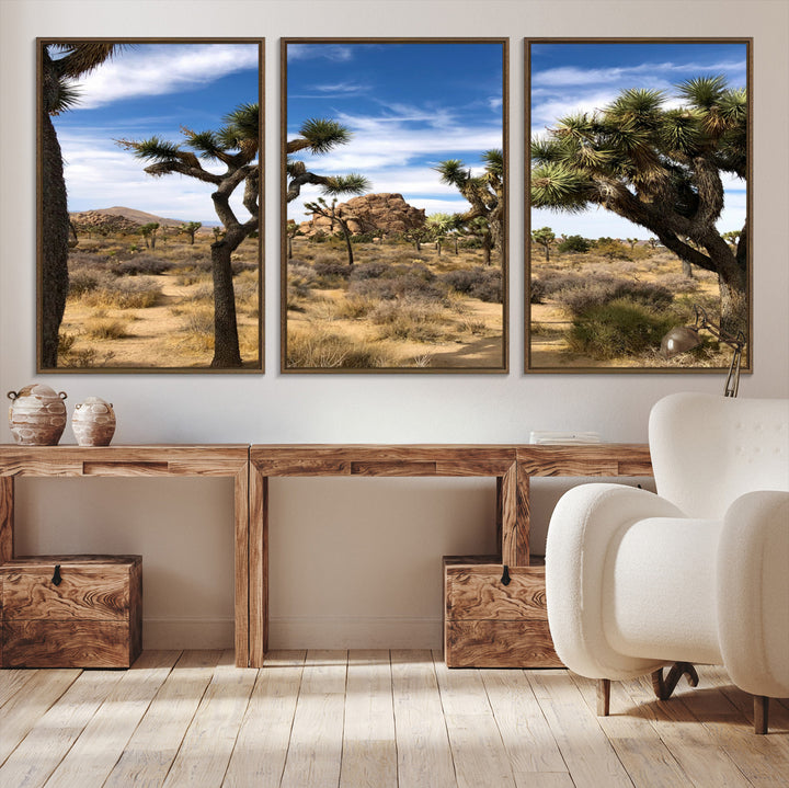 Scenic Joshua Tree landscape with rugged desert terrain, golden dry grass, and a deep blue sky, creating a warm, rustic Southwestern aesthetic.
