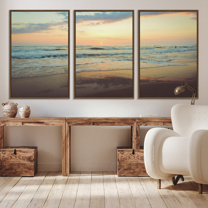 Warm sunset over gentle ocean waves with pastel sky and reflections on wet sand, creating a calm and soothing beach ambiance.