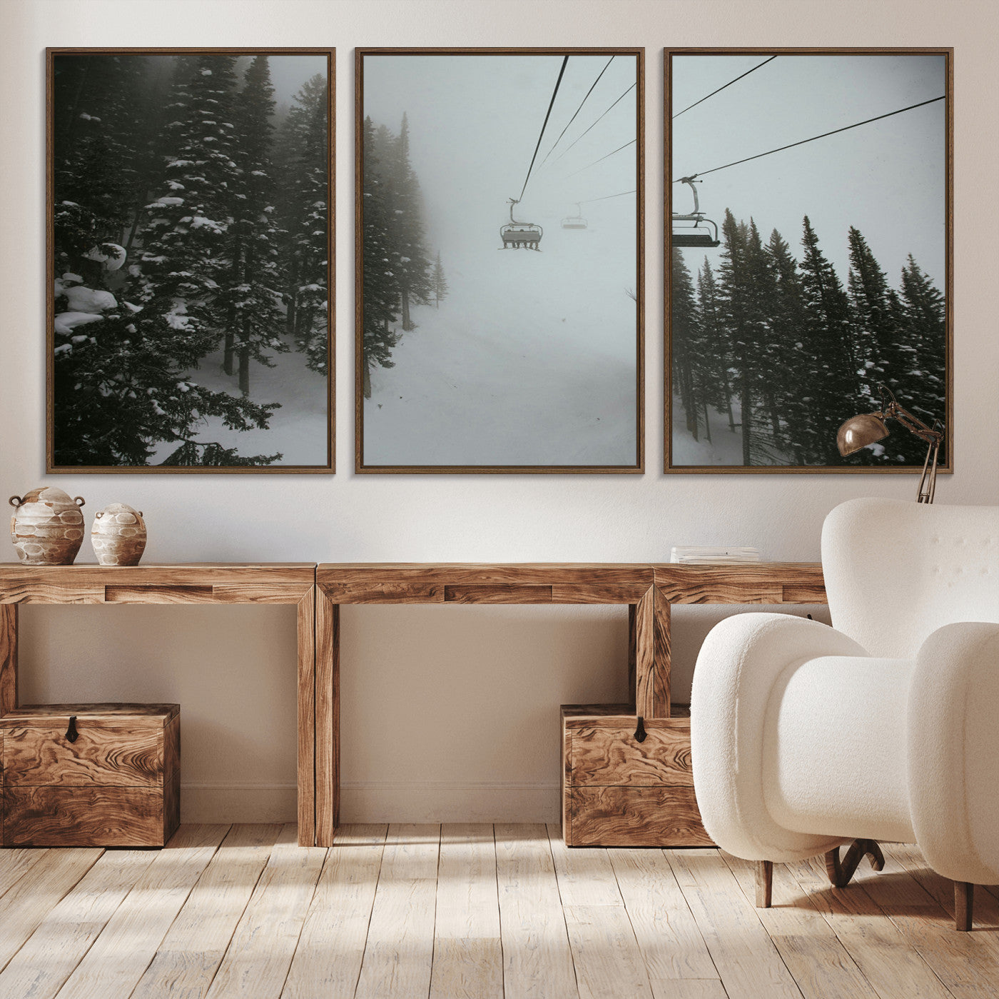 87018452-MGV-CV-36X24-Ski Lift Wall Art Canvas Print – Snowy Pines Misty Landscape Winter Serenity Artwork for Home, Office Decor