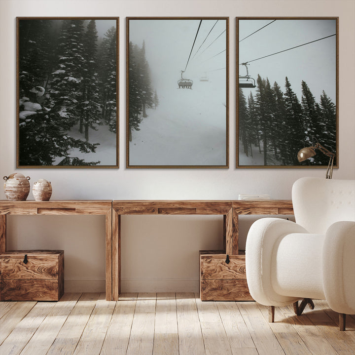Ski Lift Wall Art Canvas Print, Framed Snowy Pines Art Picture Print, Misty Landscape Perfect Winter Serenity Decor Artwork
