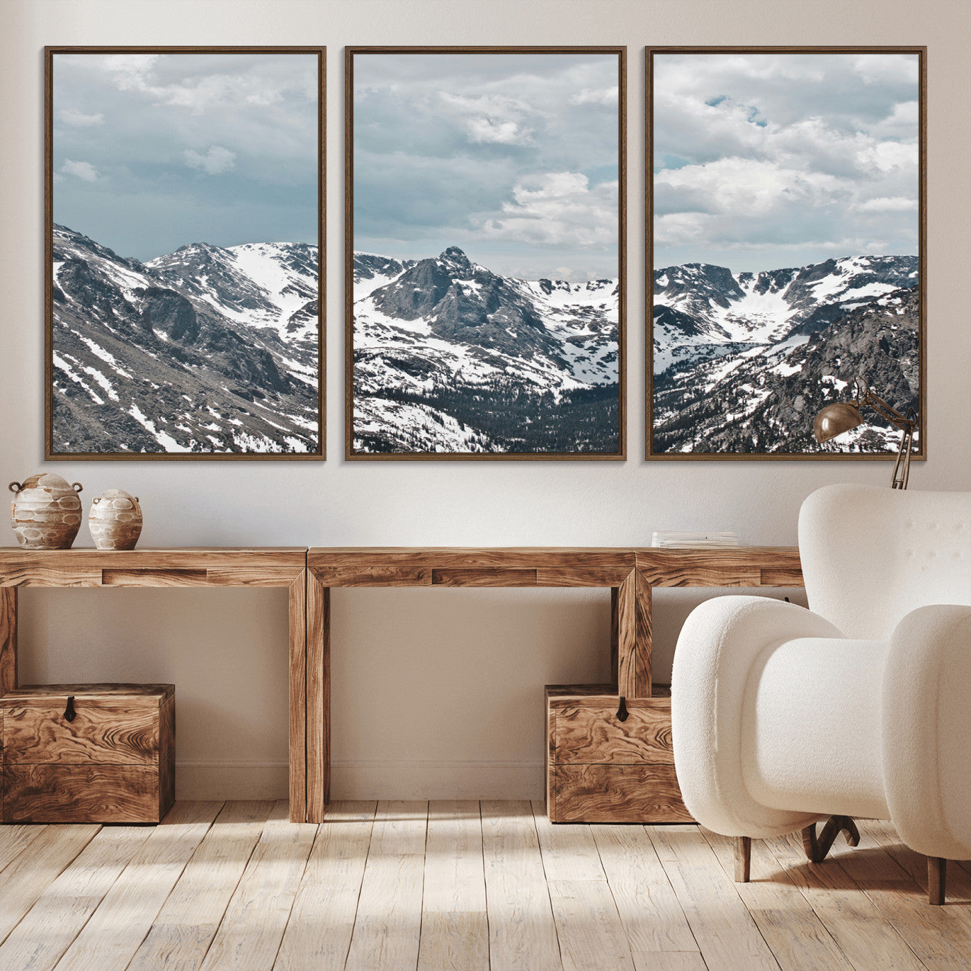 94074619-MGV-FC-60X30-3P_Walnut-Snowy Peaks Wall Art Canvas Print – Alpine Wilderness Mountain Escape Winter Serenity Artwork for Home, Office