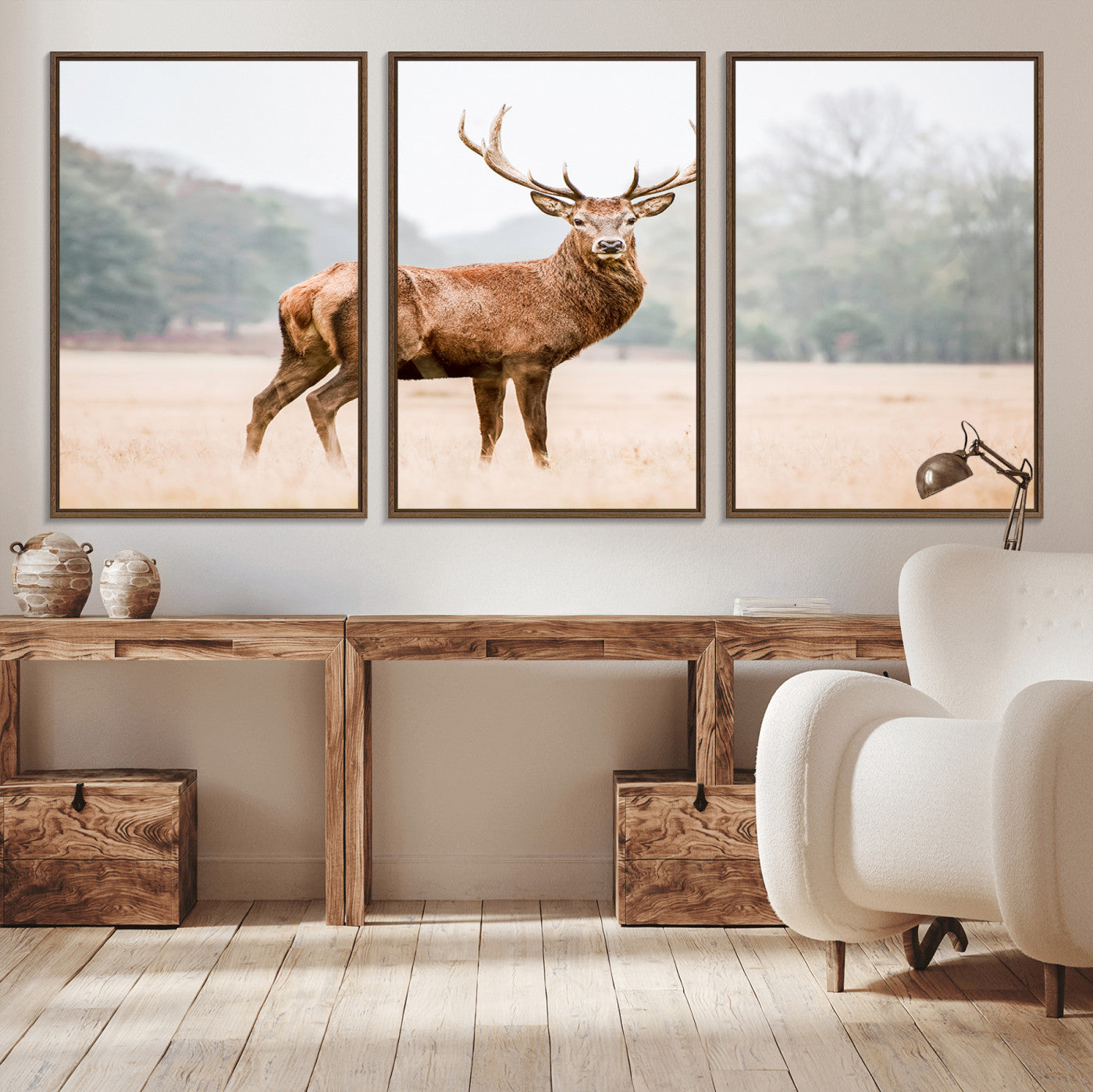 86502413-MGV-CV-36X24-Vintage Wildlife Wall Art Canvas Print – Misty Landscape Deer Rustic Nature Photography Artwork for Home, Office