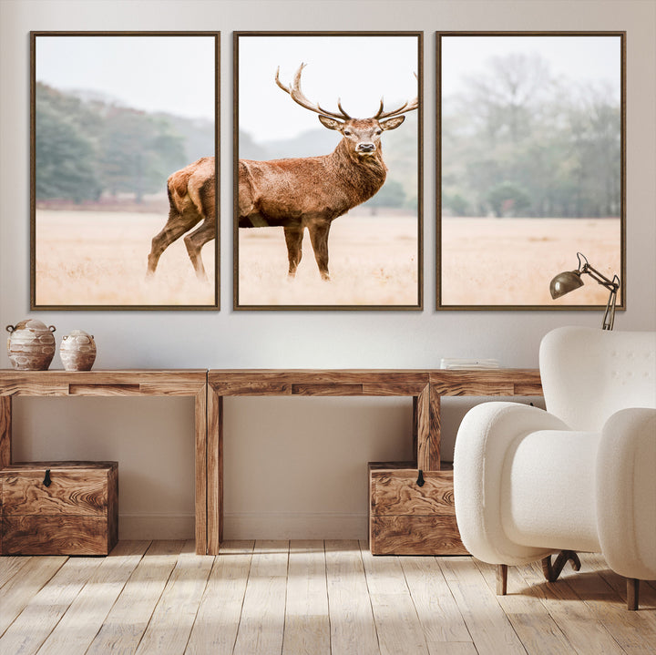 Vintage Wildlife Canvas Print, Framed Misty Landscape Art Picture Print, Deer Wall Art Perfect Rustic Wildlife Decor Artwork