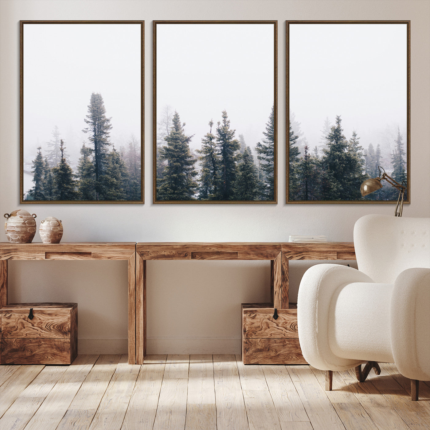42364796-MGV-CV-36X24-Foggy Forest Wall Art Canvas Print, Framed Misty Pines Art Picture Print, Moody Woodland Perfect Scandinavian Minimalist Decor Artwork