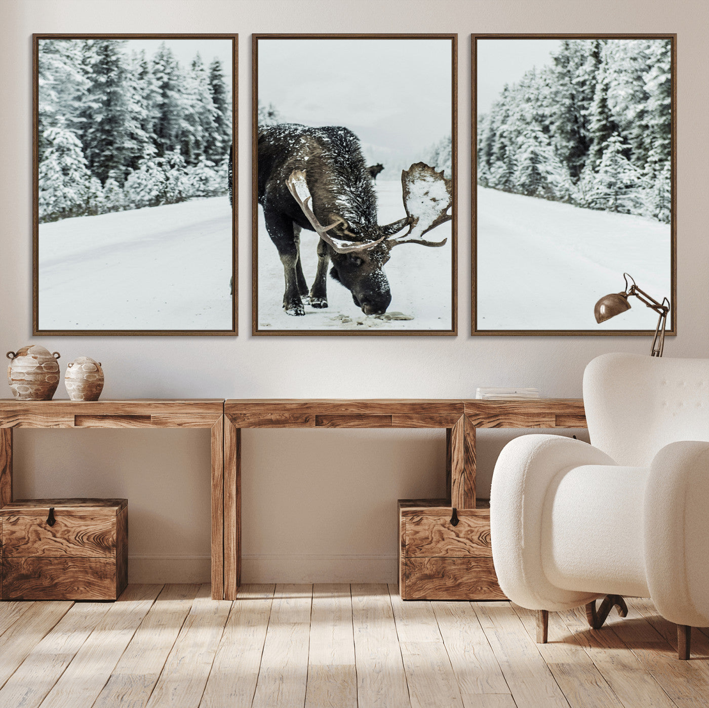 13316292-MGV-CV-36X24-Moose Snow Wall Art Canvas Print – Framed Winter Wildlife Snowy Forest Nature Scene Artwork for Home, Office, Living Room