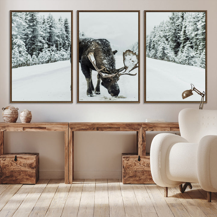 Moose in Snow Wall Art Canvas Print, Framed Winter Wildlife Art Picture Print, Snowy Forest Scene Perfect Rustic Lodge Decor Artwork
